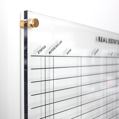 Close-up of a clear acrylic wall-mounted chart with labeled columns Status, Buyer/Seller, and Name, held by gold-colored standoffs, used for tracking real estate information.