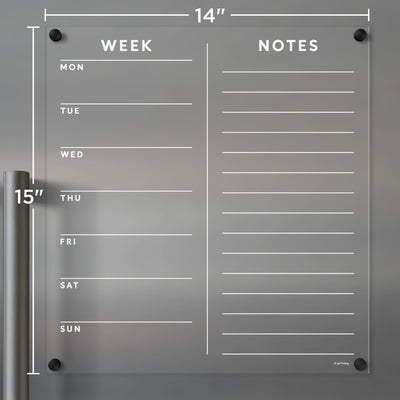Clear Acrylic Customizable Fridge Calendar | Week and Notes | White Text