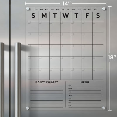 Clear Acrylic Fridge Calendar with customizable bottom sections and black text