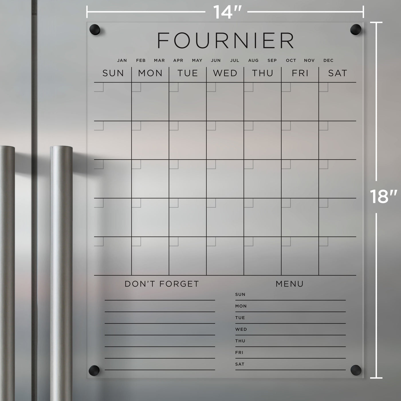 The Girl Friday Acrylic Fridge Calendar offers a sleek, minimalist grid that spans from Sunday to Saturday. Featuring customizable bottom sections, it measures 14x18 inches and uses wet-erase markers for notes. It mounts with metal knobs for a modern touch.