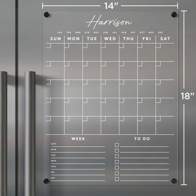 Clear Acrylic Monthly Fridge Calendar  | Customizable bottom sections | White Text