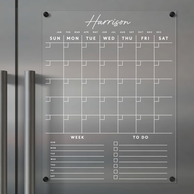 Clear Acrylic Monthly Fridge Calendar  | Customizable bottom sections | White Text