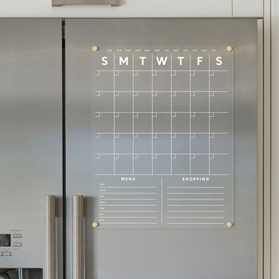 Clear Acrylic Fridge Calendar with customizable bottom sections and white text