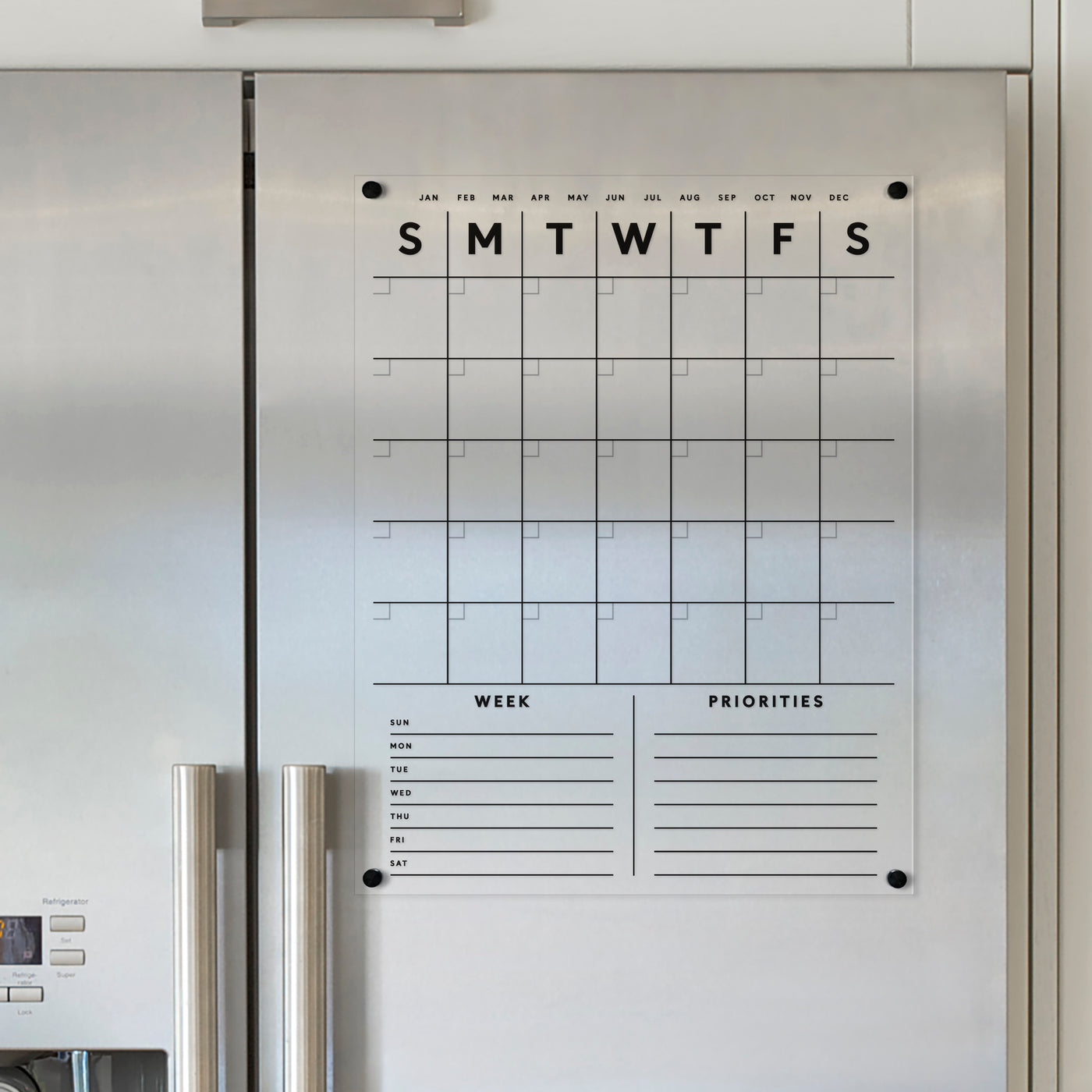 Clear Acrylic Fridge Calendar with customizable bottom sections and black text