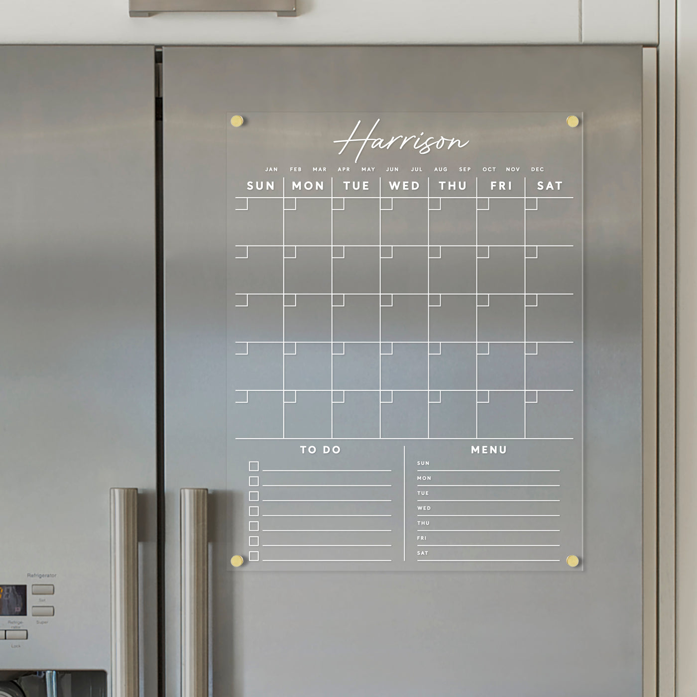 Acrylic Calendar for fridge | Custom Family Name with customizable bottom sections