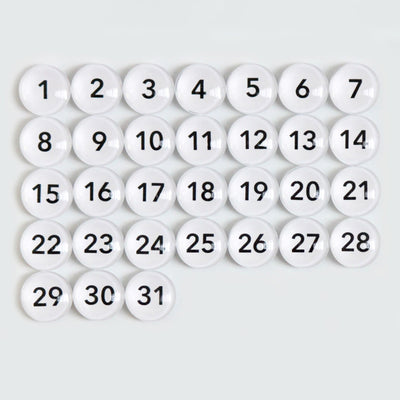 The 9 X 24 Framed Weekly Chalkboard Calendar by CalendarGirlCompany features a sleek grid of white, circular buttons with black numbers from 1 to 31 in a 5x7 pattern; effortlessly marking each day of the month.