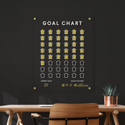 The Girl Friday Goal Chart, a sleek wall-mounted clear acrylic board, showcases rows of yellow and white house icons with Homes Sold: 31 and Sales Volume: $15.8 Million below. A wooden desk, small plant, and wall sconce highlight its customizable design.