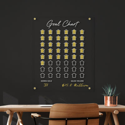 A Girl Friday Goal Chart features 63 home icons, with 50 highlighted. Below, it reads Homes Sold 31 and Sales Volume $15.8 Million. A wooden desk with a plant and chair complements the scene, while a clear acrylic Sales Tracker adds modern elegance.