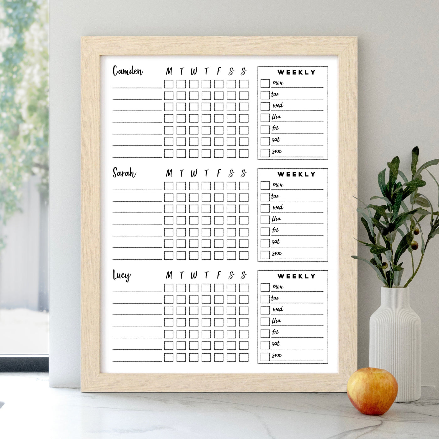 18 X 24 Framed Whiteboard 3 Names Chore Charts | #18401