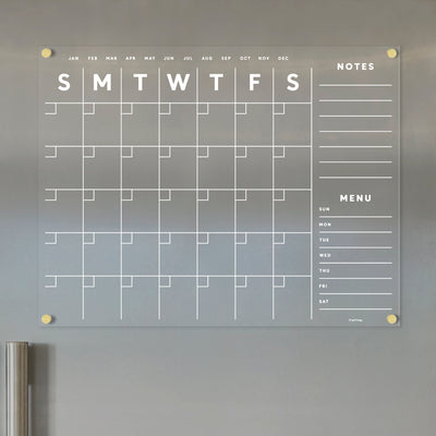 Clear Acrylic Monthly Fridge Calendar  | Customizable side sections | White Text