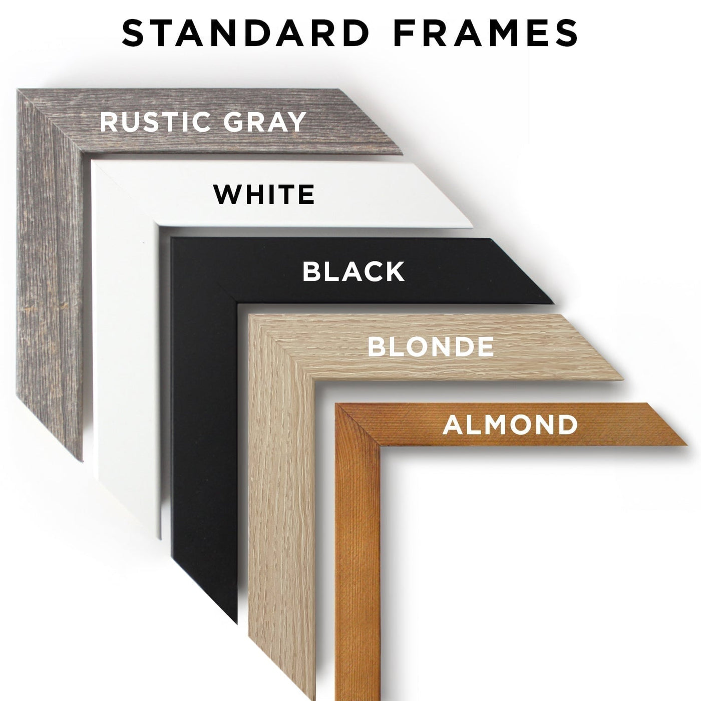 Image showcasing five unique frame styles: Rustic Gray, White, Black, Blonde, and Almond by CalendarGirlCompany. Each corner sample highlights material color and texture for framing your 24 x 36 Large Vertical Chalkboard - 24132 with flair and style.