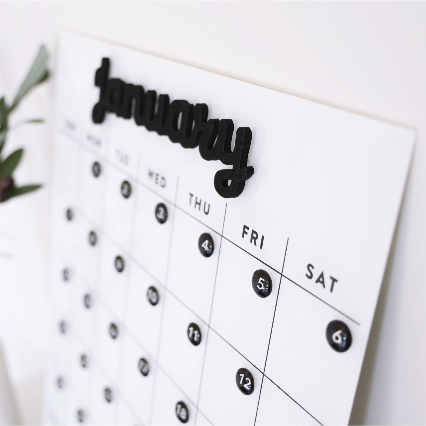 The White Acrylic Monthly Calendar by Girl Friday Shop showcases January in bold black letters. It starts the week with Sunday, includes a small plant design, and can be easily mounted using Command Strips for a sleek workspace display.