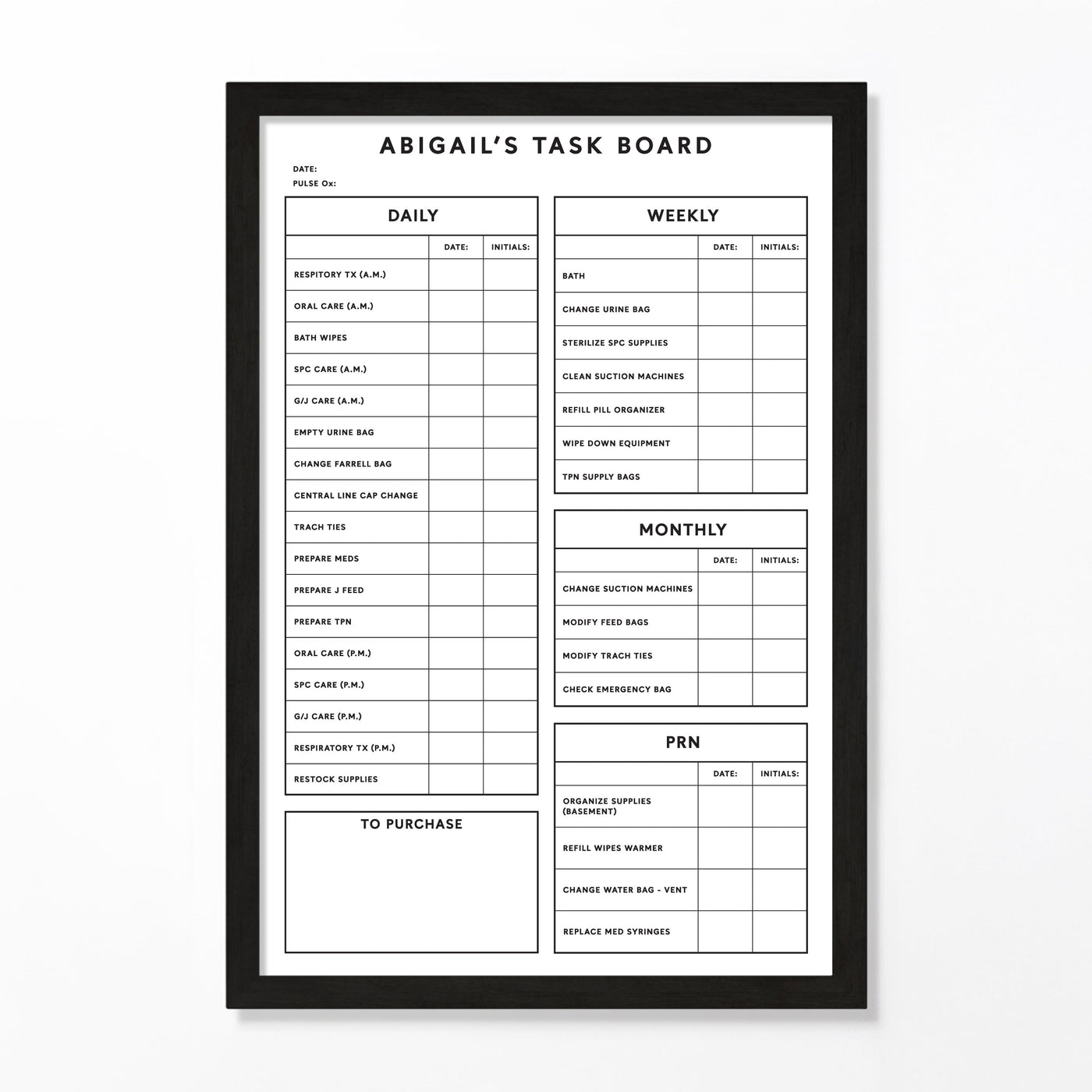 24 X 36 Medical Supply Tracker for Caregiver | Framed Whiteboard