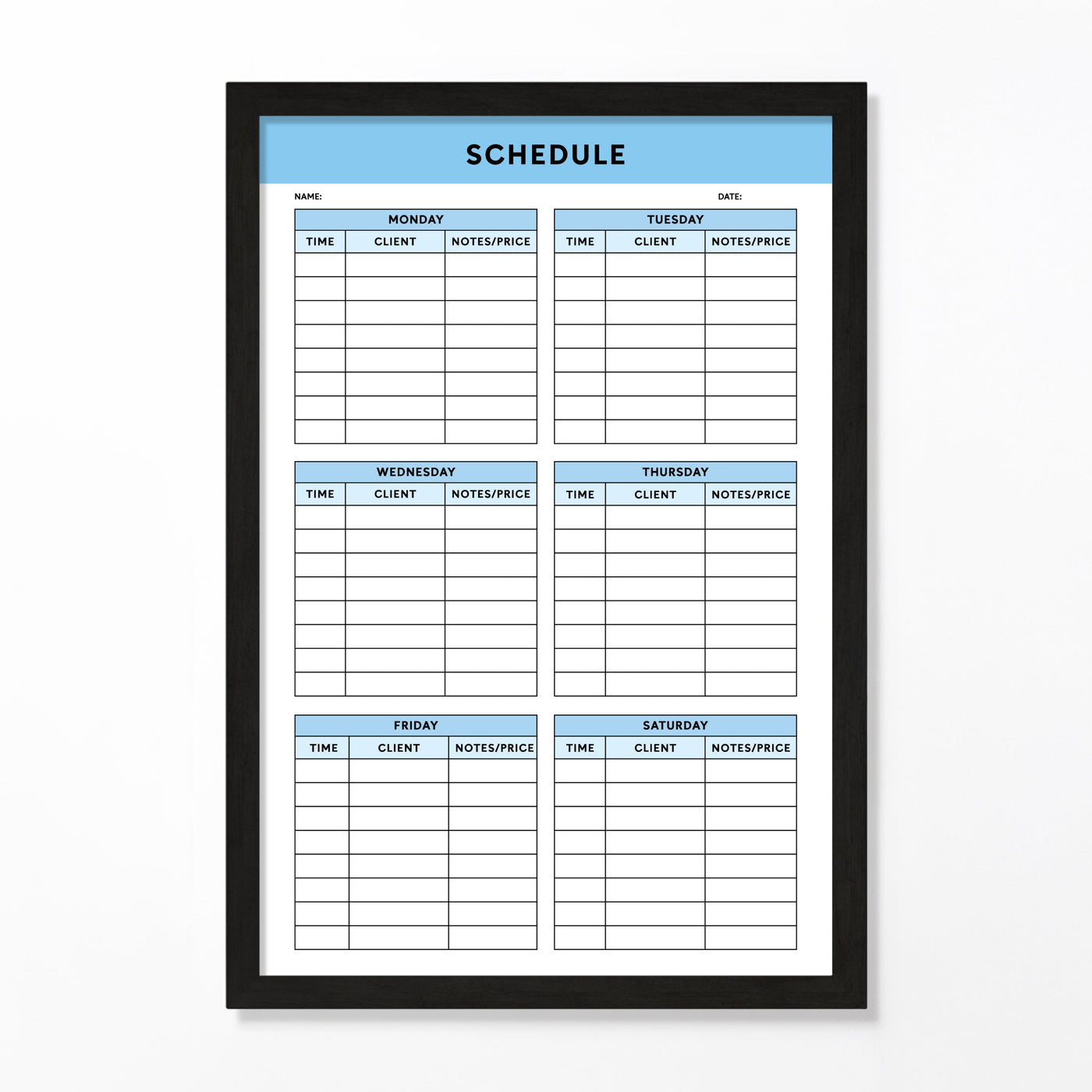 24 X 36 Meeting Schedule for various industries | Framed Whiteboard