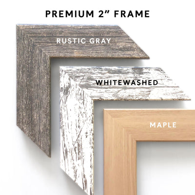 Image displays three 2-inch premium frames ideal for a CalendarGirlCompanys Personalized Dry Erase Framed Monthly 18 x 24 Medium Vertical Whiteboard Calendar. From top to bottom: Rustic Gray with textured wood, Whitewashed with weathered look, and Maple with smooth light wood. Frames form right angles.