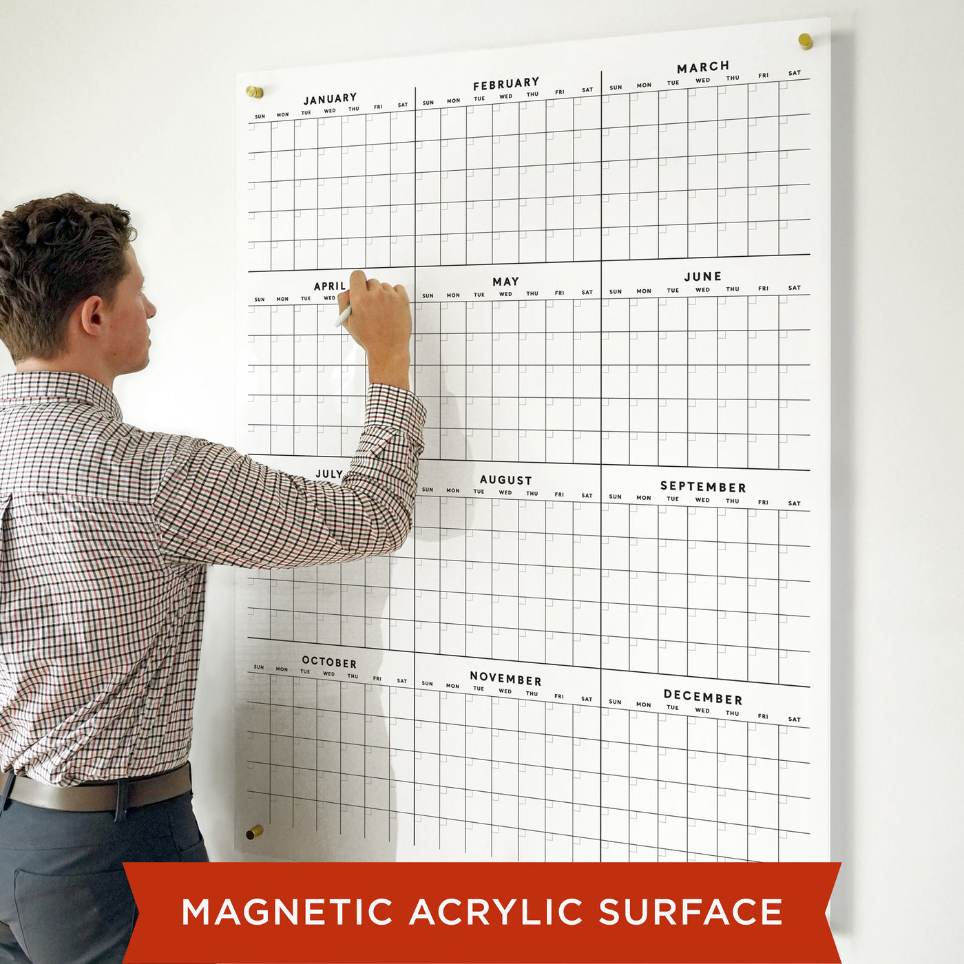 Yearly dry erase white acrylic calendar | Magnetic surface