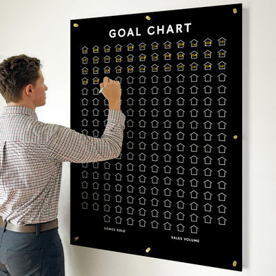A man updates a Girl Friday Goal Chart | Sales Tracker for any business on black acrylic, featuring rows of house icons. Some icons shine in gold, indicating progress, while the title Goal Chart is prominently displayed at the top.