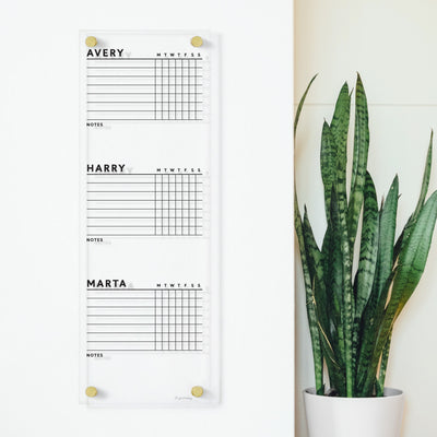 A white wall displays a vertical Clear Acrylic Customizable Chore Chart by Girl Friday, featuring sections for Avery, Harry, and Marta with day columns and note spaces, secured by gold knobs. A tall snake plant stands nearby.