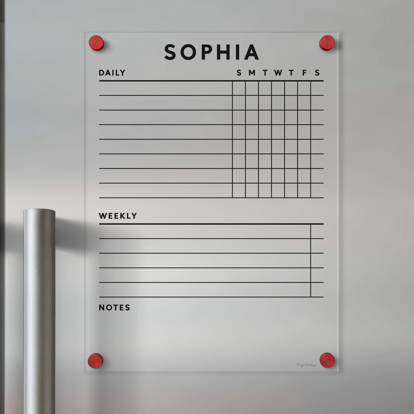 The Acrylic Fridge Chore Chart by Girl Friday is a sleek, magnet-mounted chart featuring daily task sections, weekly columns, and a notes area under the bold title SOPHIA. Perfect for organizing your week, it is compatible with wet-erase markers.