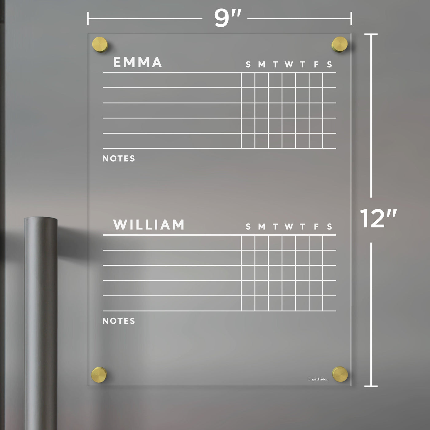 The Girl Friday Acrylic Fridge Chore Chart for 2 children features sections labeled Emma and William, includes week days and notes areas, mounts on metal surfaces using four gold standoffs, measures 9x12 inches, and is perfect for wet-erase markers.