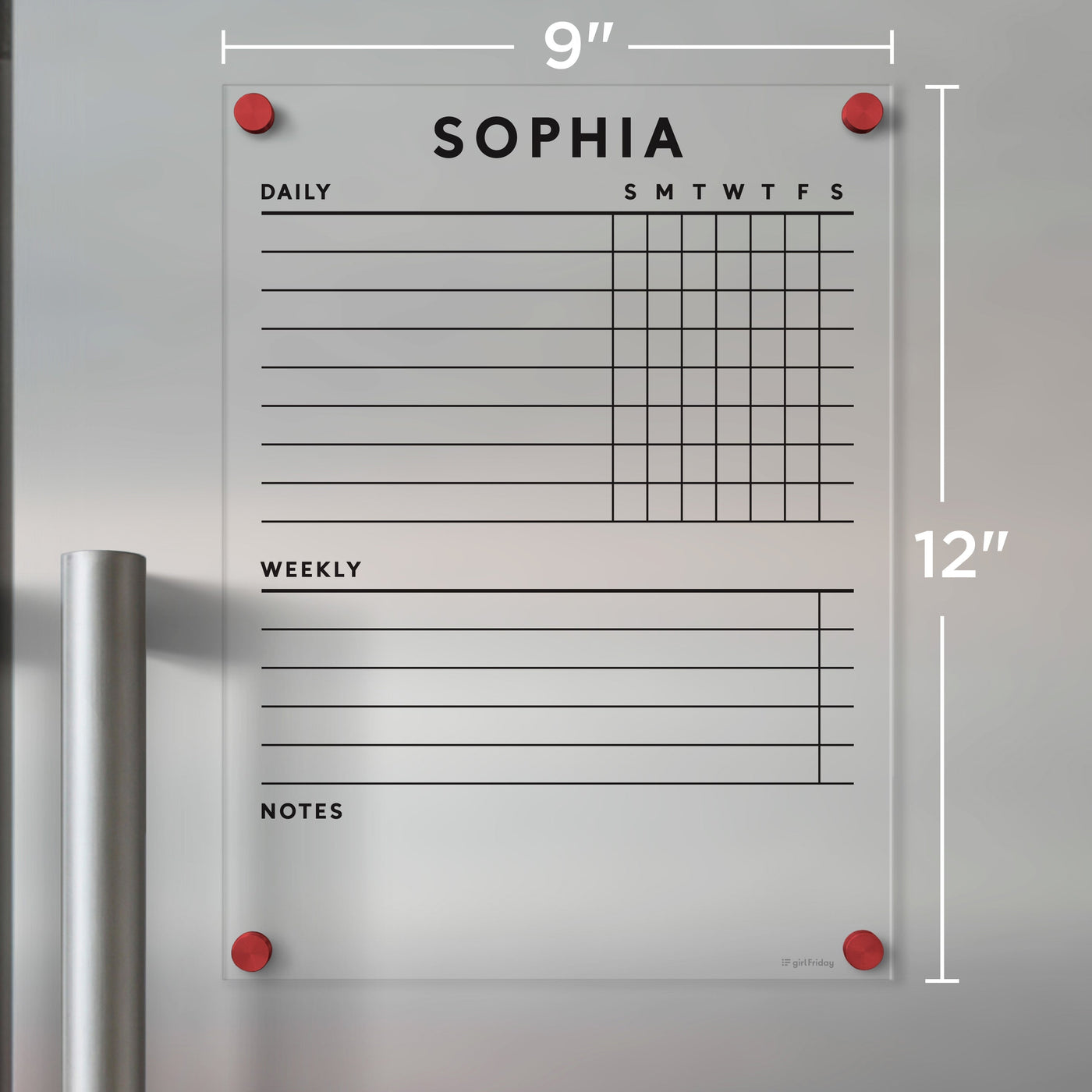 The Girl Friday Acrylic Fridge Chore Chart, personalized with Sophia, serves as a weekly planner with sections for daily tasks, a weekly list, and notes. It uses wet-erase markers and attaches to metallic surfaces with bright red magnets. Dimensions: 9x12 inches.