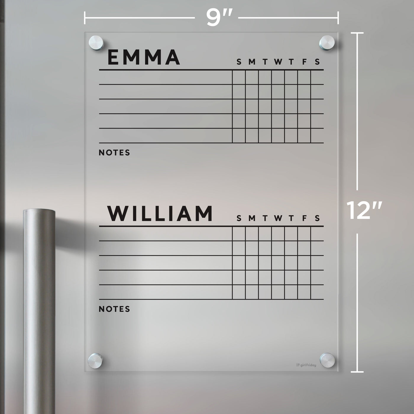 Girl Fridays Acrylic Fridge Chore Chart for 2 children features sections labeled Emma and William, with weekly planning grids from Sunday to Saturday and space for notes. Designed for liquid chalk ink markers, it measures 9 by 12 inches—ideal as an acrylic chore chart.