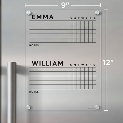 Girl Fridays Acrylic Fridge Chore Chart for 2 children features sections labeled Emma and William, with weekly planning grids from Sunday to Saturday and space for notes. Designed for liquid chalk ink markers, it measures 9 by 12 inches—ideal as an acrylic chore chart.