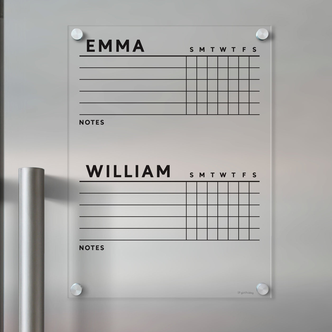 The Girl Friday Acrylic Fridge Chore Chart for 2 children features a grid for daily planning labeled S M T W T F S divided for Emma and William, with a notes section below. Use wet-erase markers to maintain clear, organized plans.