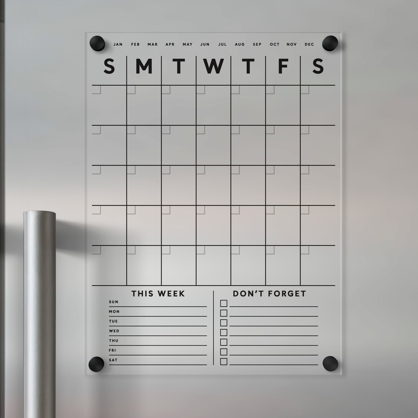 Clear Acrylic Fridge Calendar with customizable bottom sections and black text