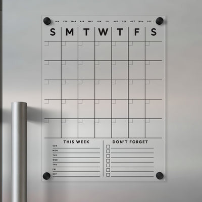 Clear Acrylic Fridge Calendar with customizable bottom sections and black text