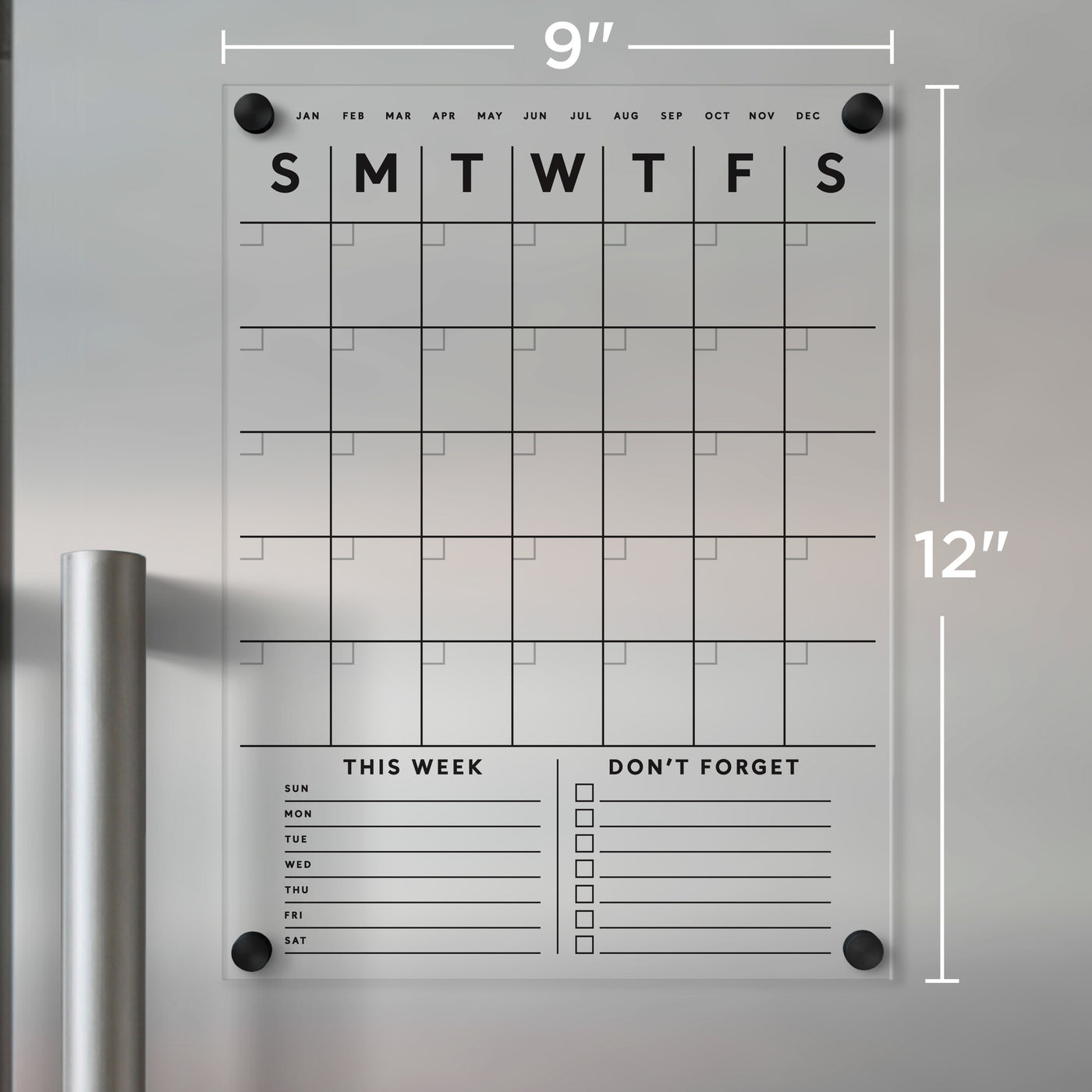 Clear Acrylic Fridge Calendar with customizable bottom sections and black text