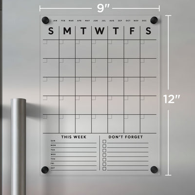 Clear Acrylic Fridge Calendar with customizable bottom sections and black text