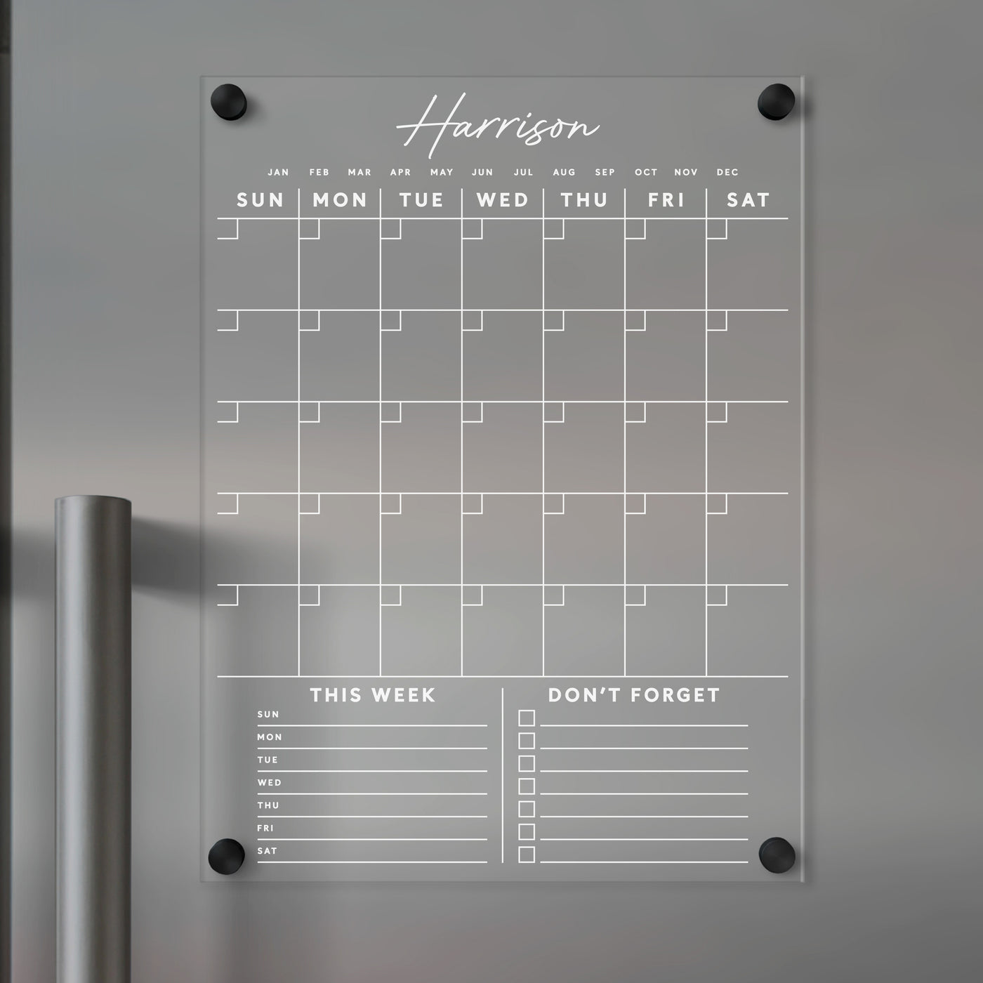 Clear Acrylic Monthly Fridge Calendar  | Customizable bottom sections | White Text