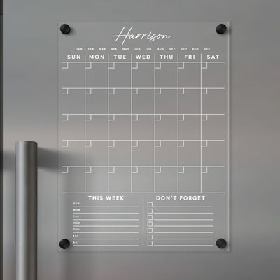 Clear Acrylic Monthly Fridge Calendar  | Customizable bottom sections | White Text