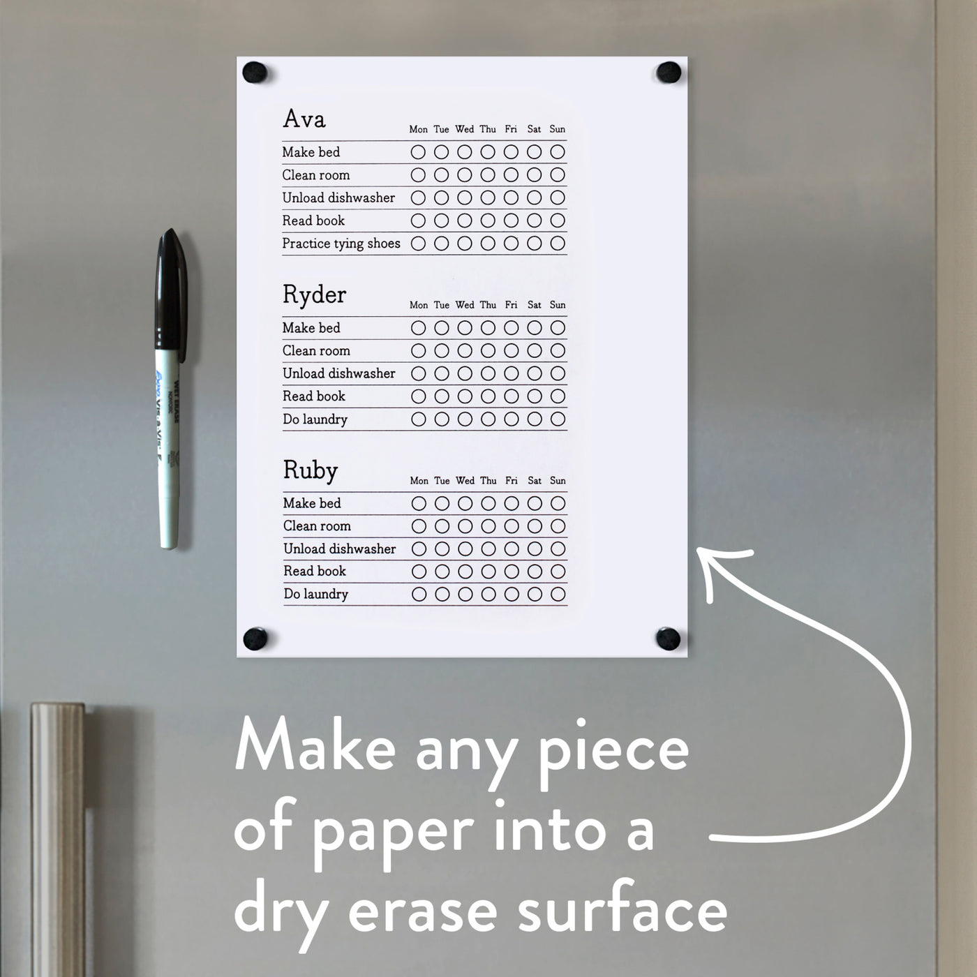 The Magnetic Chore Chart Cover by Girl Friday Shop is a dry erase, magnetic cover perfect for turning paper chore charts or lists into reusable organizers. Ideal for three children, it includes magnets to secure it and a dry-erase marker for easy updates—great for efficient task management!.