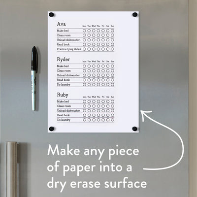 The Magnetic Chore Chart Cover by Girl Friday Shop is a dry erase, magnetic cover perfect for turning paper chore charts or lists into reusable organizers. Ideal for three children, it includes magnets to secure it and a dry-erase marker for easy updates—great for efficient task management!.