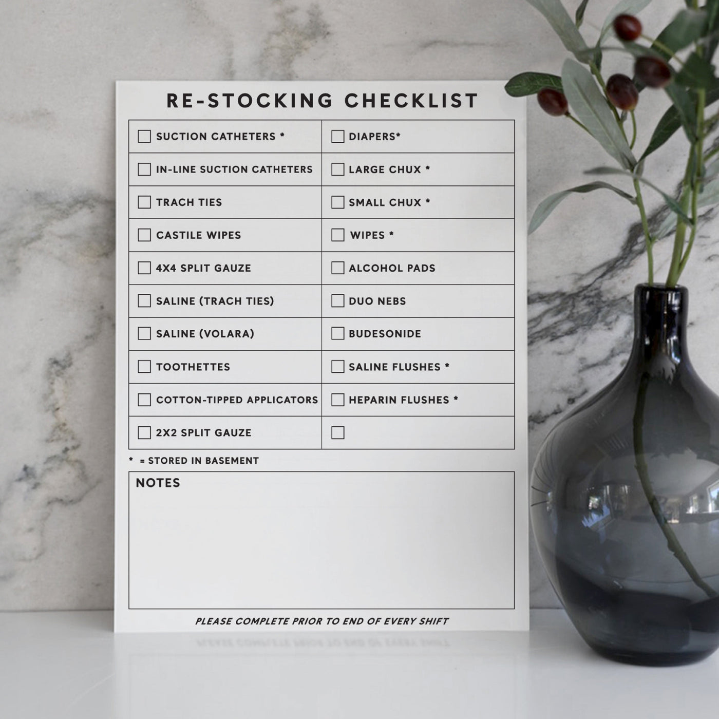 Re-stocking Checklist White Acrylic Board | Customizable | No hardware required