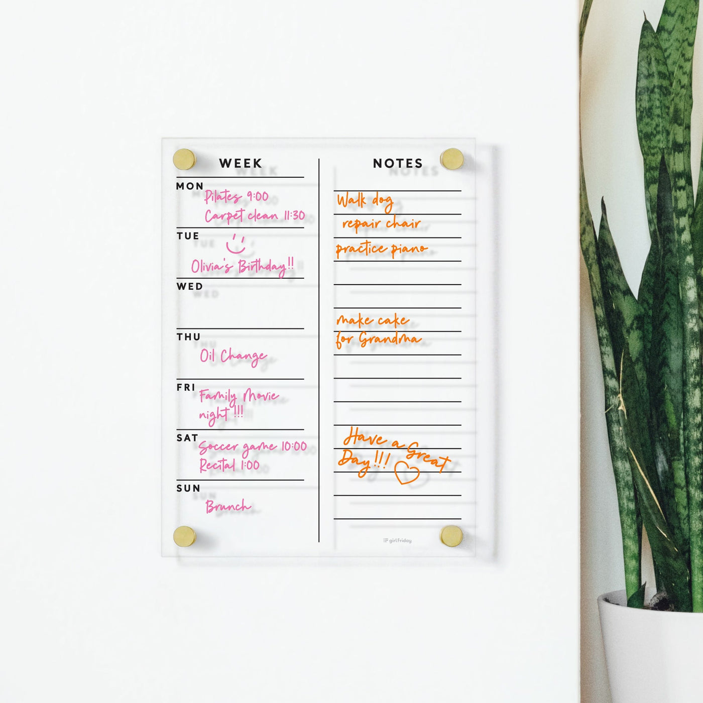 Task For Next Week Clear Acrylic Customizable Week and Notes Wall Calendar – Girl Friday