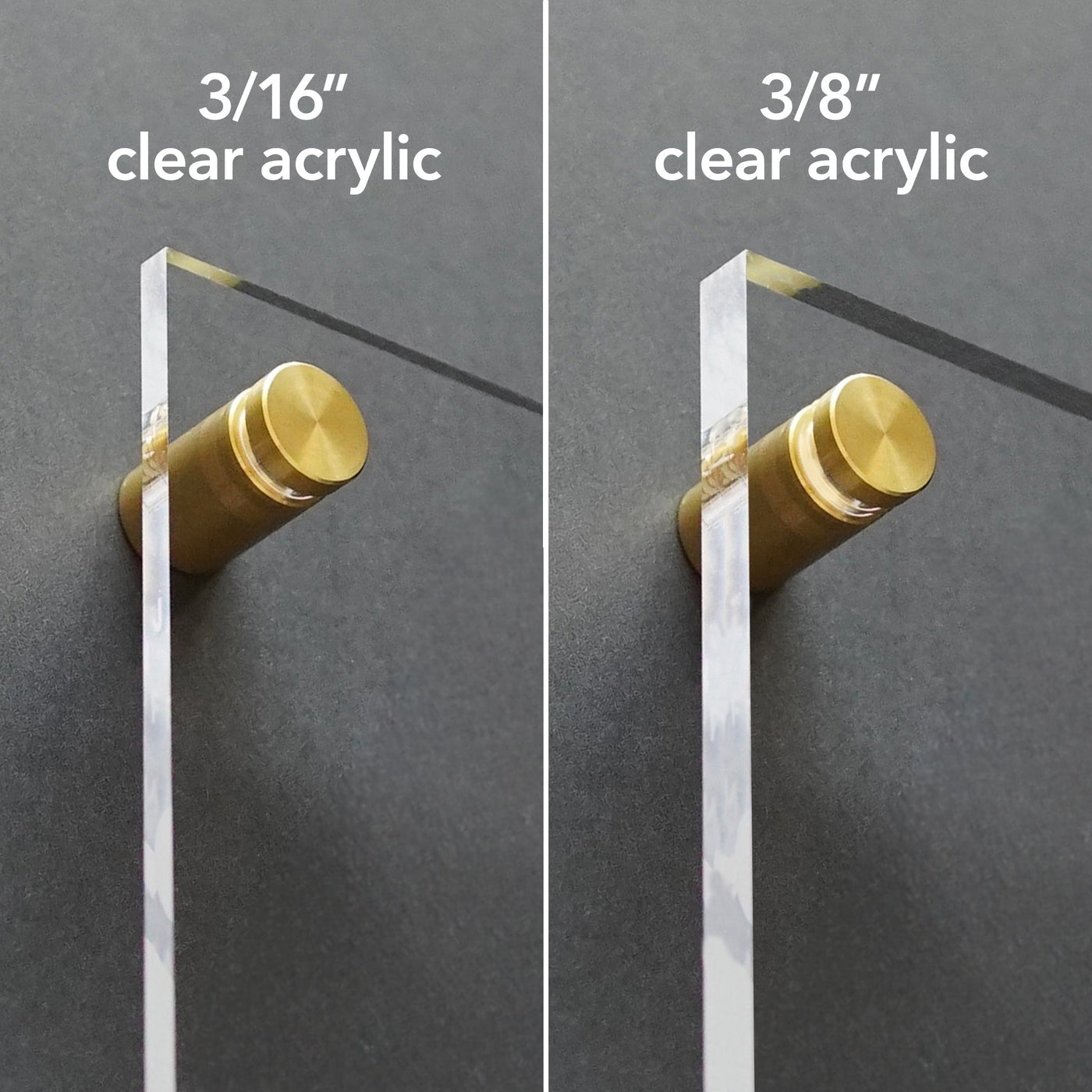 The Acrylic Calendar with side notes by Girl Friday Shop consists of two clear acrylic pieces mounted on a dark wall with brass standoffs, creating an ideal wet-erase writing surface. The left is 3/16 acrylic and the right 3/8 acrylic, demonstrating different thicknesses.
