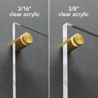 The Acrylic Calendar with side notes by Girl Friday Shop consists of two clear acrylic pieces mounted on a dark wall with brass standoffs, creating an ideal wet-erase writing surface. The left is 3/16 acrylic and the right 3/8 acrylic, demonstrating different thicknesses.