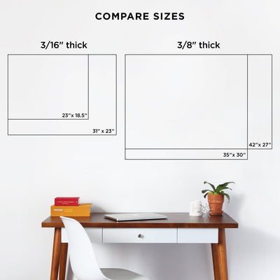 The diagram compares sizes of the high-quality Clear Acrylic Customizable Monthly Wall Calendar by Girl Friday Shop. Two columns show dimensions in 3/16 and 3/8 thicknesses. Sizes range from 23x18.5 to 42x27. A desk with books, a wet-erase marker, and a plant sit below.