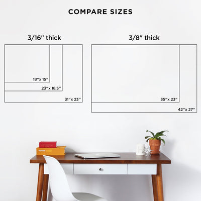 Girl Friday Shops Acrylic Calendar with side notes displays mat sizes and thicknesses using wet-erase markers: 3/16 thick mats in 18x15, 23x18.5, 31x23 and 3/8 thick mats in 35x23, 42x27. Features a wooden desk with chair and plant below.
