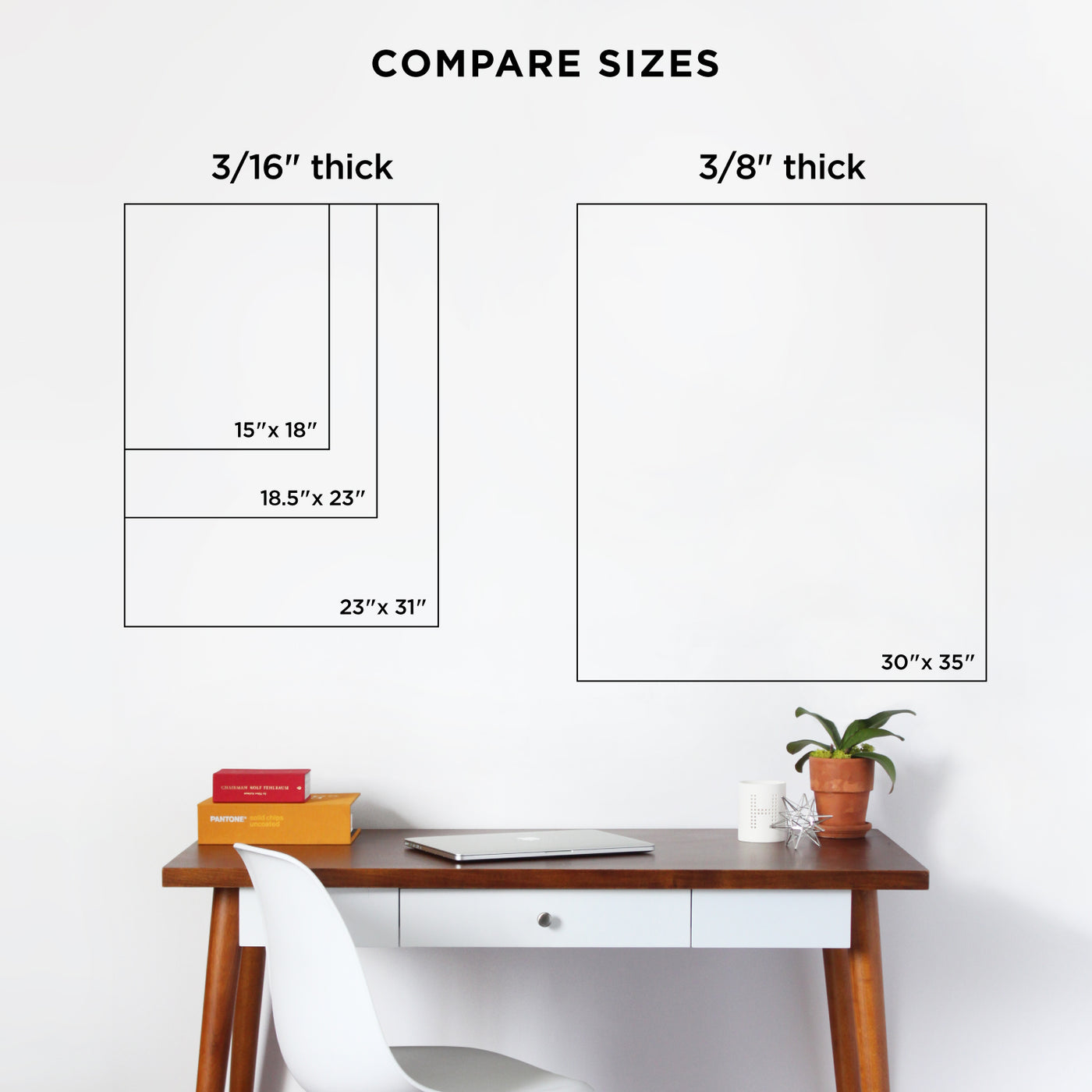 A size comparison chart features rectangles with polished edges: 15x18, 18.5x23, and 23x31 at 3/16 thickness, plus a 30x35 at 3/8. Below is a desk with Girl Friday Shops Clear Acrylic Monthly Wall Calendar, wet-erase markers, books, a mug, and a plant.