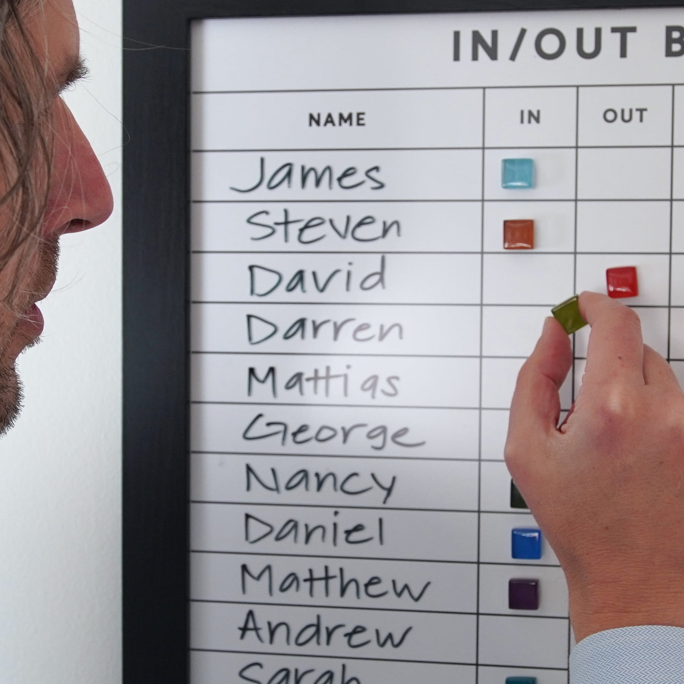 Framed In/Out Magnetic Staff Board | Multi-colored magnets included | 8" X 10"