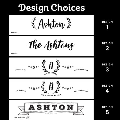 Five rectangular name designs, titled Design 1 to Design 5, showcase Ashton in various fonts with laurels and banners, featuring Established 2023, elegantly displayed on an acrylic surface.