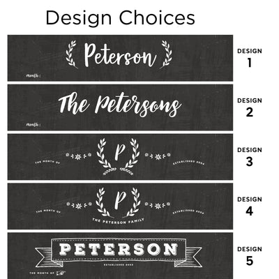Discover five chalkboard-style designs for Peterson and The Petersons, featuring unique fonts and laurel ornaments. Customize with chalk ink markers including variations like Established 2003. Check out the 2025 Personalized Dry Erase Framed Monthly 18 x 24 Calendar by CalendarGirlCompany.