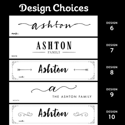CalendarGirlCompany showcases five unique name designs, labeled Design 6 to Design 10, on an acrylic board. Each design presents typography and decorative variations of Ashton and The Ashton Family, reminiscent of the style in their 18 X 24 Framed Whiteboard Calendar #18420.