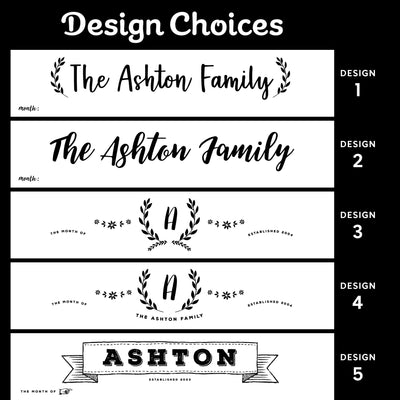 Product Data: Five family-name designs labeled 1 to 5, creatively displayed on an acrylic panel. The Ashton Family or Ashton appears in various fonts and styles like laurel wreaths, stars, and banners against a black background.