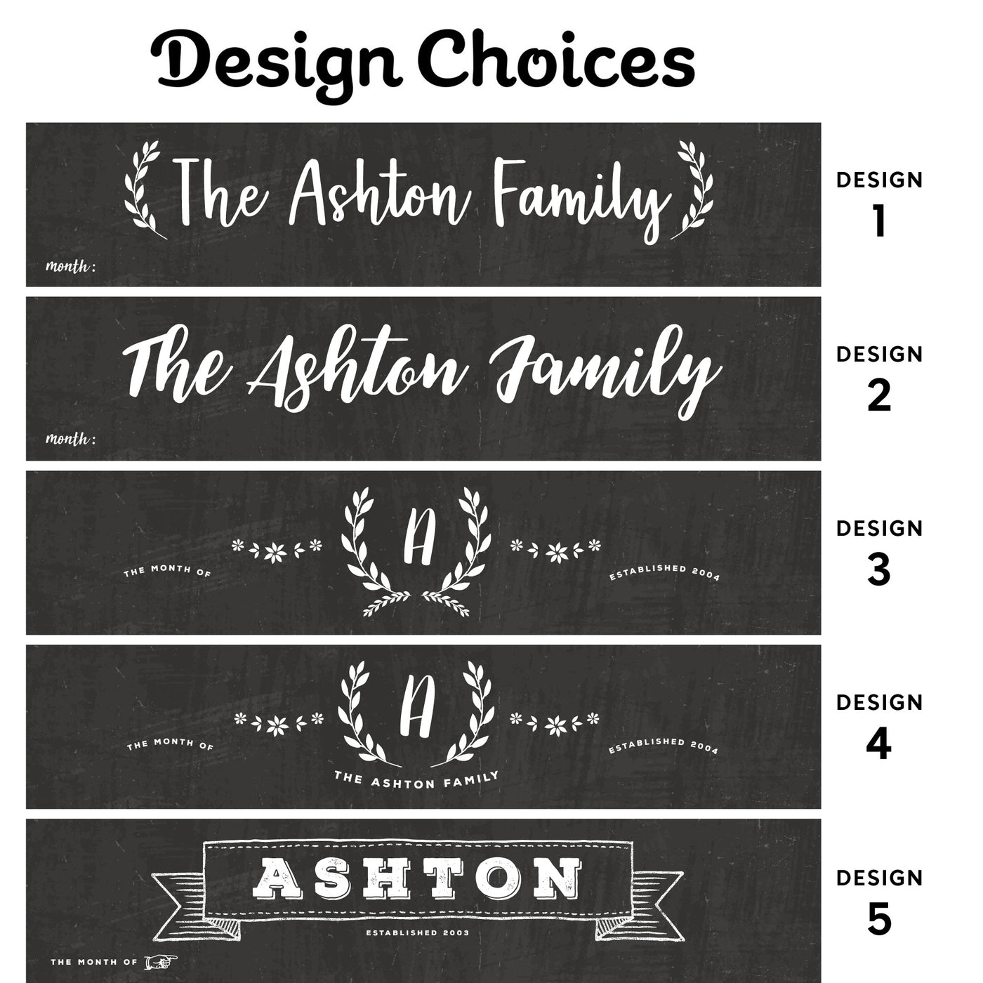 Text graphic featuring five chalkboard-style designs for The Ashton Family, made with vibrant chalk ink markers. Each design, numbered 1 to 5 on the right, showcases unique typography and decorations like laurel wreaths and banners. Perfect for inspiration alongside CalendarGirlCompanys 24x36 Large Vertical Chalkboard Calendar #24131.