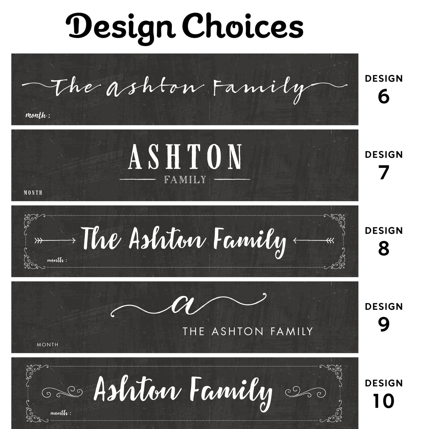 Five black chalkboard-style banners for family names feature unique typography and decorative elements, numbered 6 to 10 on the right. Ideal for use with chalk ink markers.